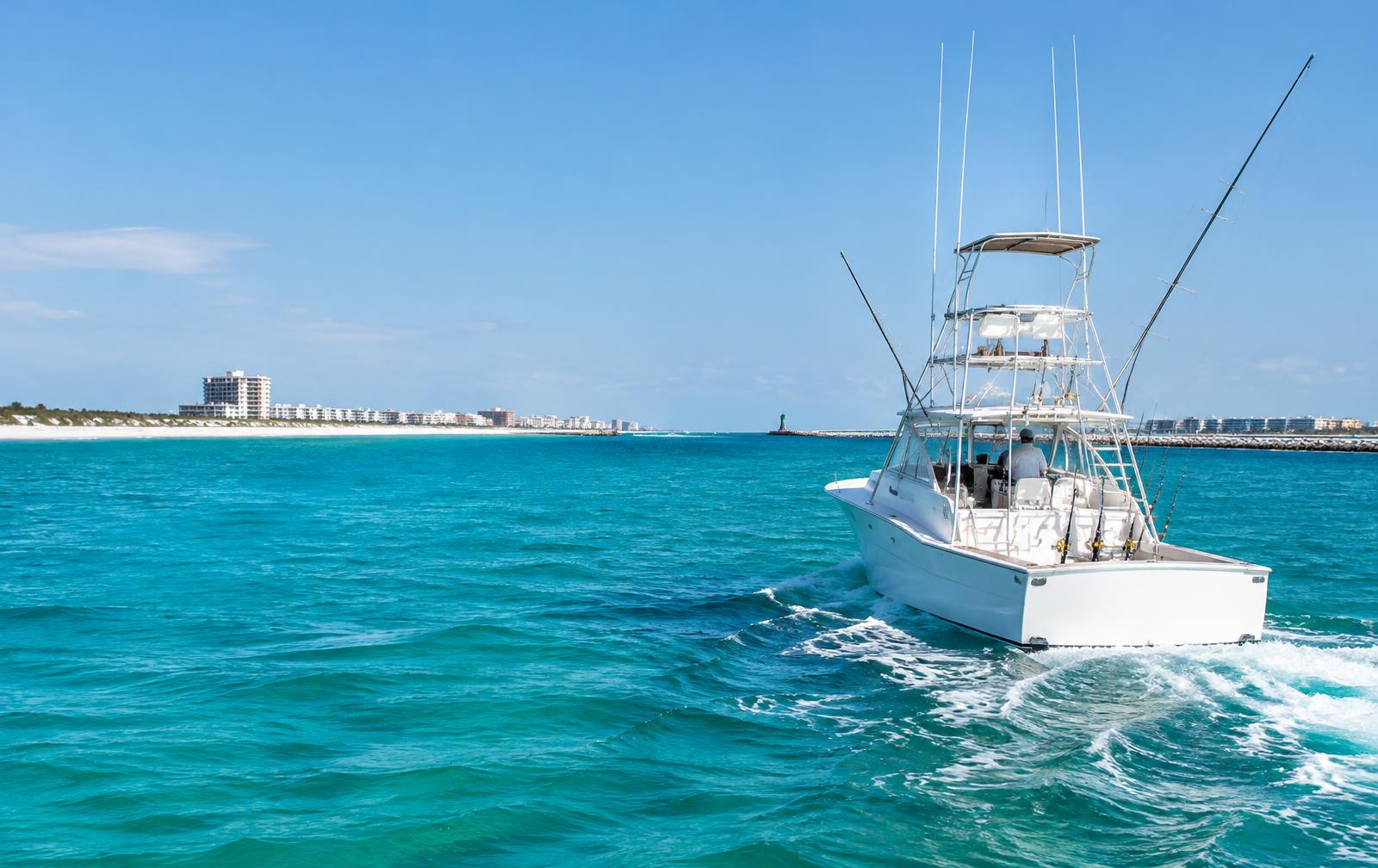 Illustrative view of a sportfishing boat on emerald coastal water
