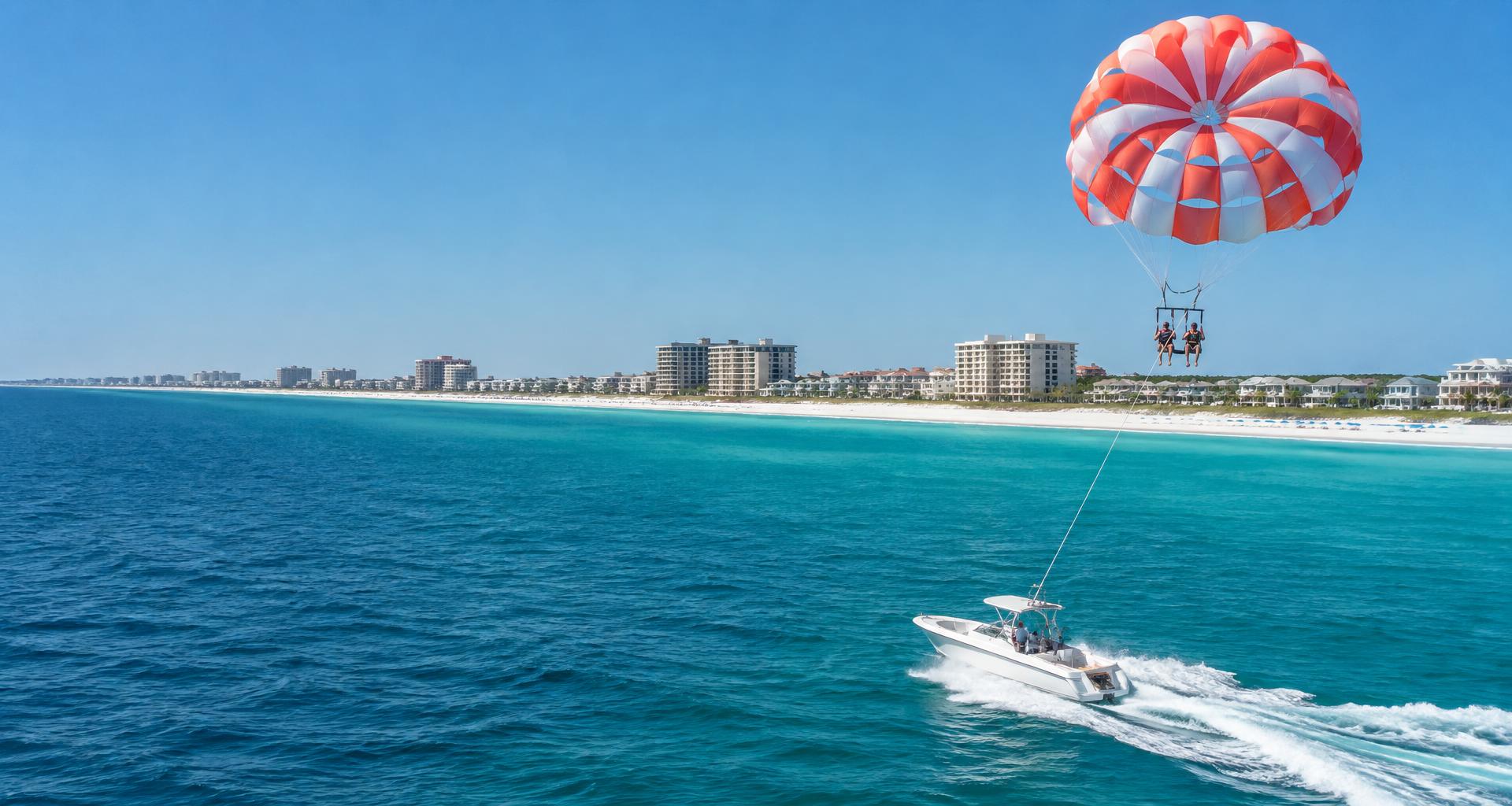 Illustrative view of two people parasailing above emerald coastal water