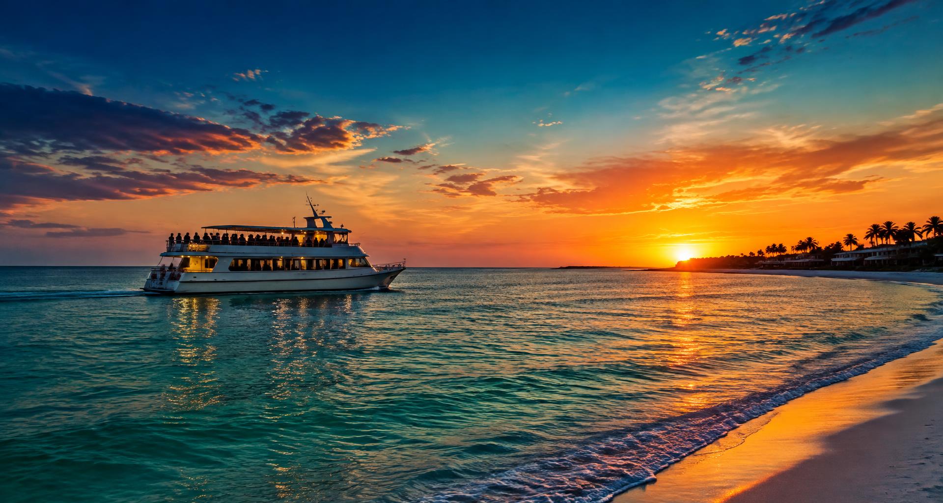 Illustrative dusk scene with a passenger cruise boat on emerald coastal water